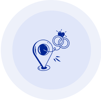 Map pin with heart and rings icon.