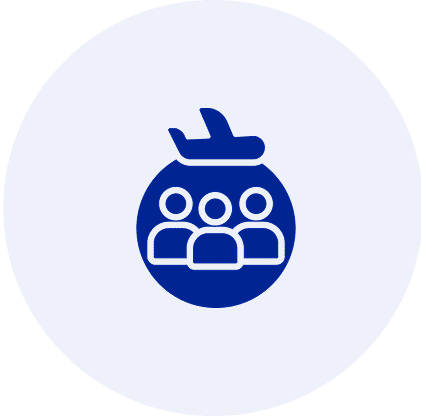 Airplane icon with three people figures.