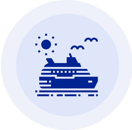 Cruise ship icon with sun and birds.