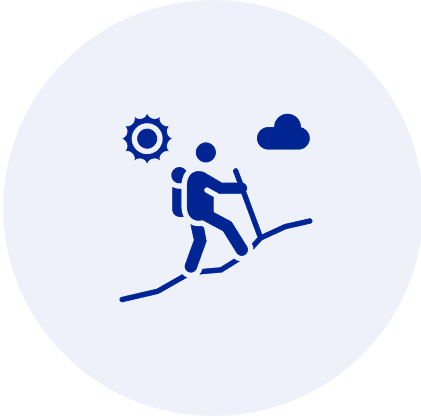 Hiker icon with sun and cloud.