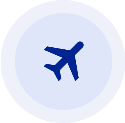 Airplane icon inside a circular frame.