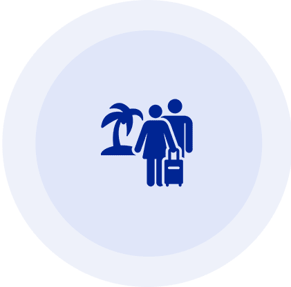Blue icon of a traveler with luggage and a palm tree.